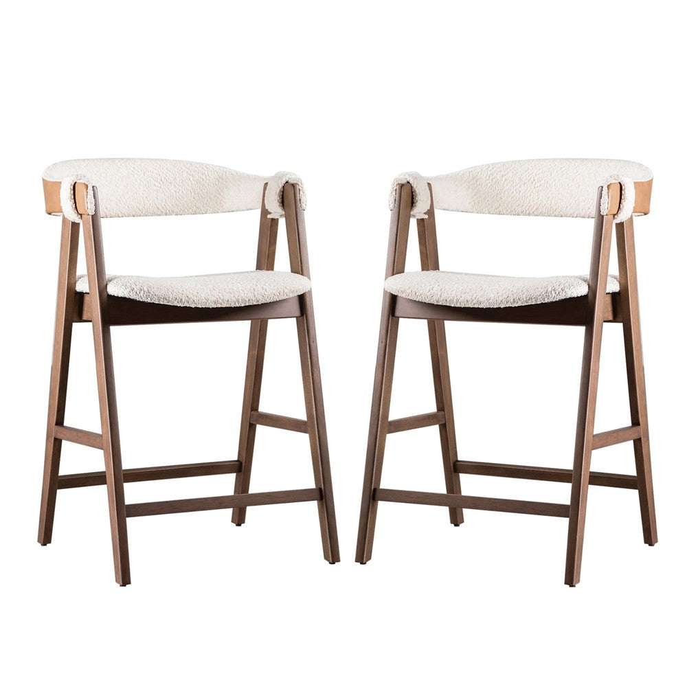 Ebik Counter Stool Chair Set of 2, Walnut Brown Wood, Beige Boucle - BM339252