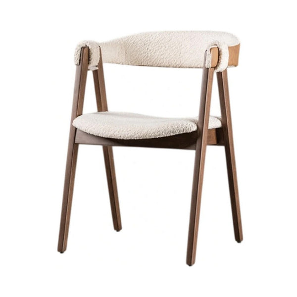 Ebik Side Dining Chair Set of 2, Curve Panel Back, Walnut Brown Wood, Beige Boucle - BM339253