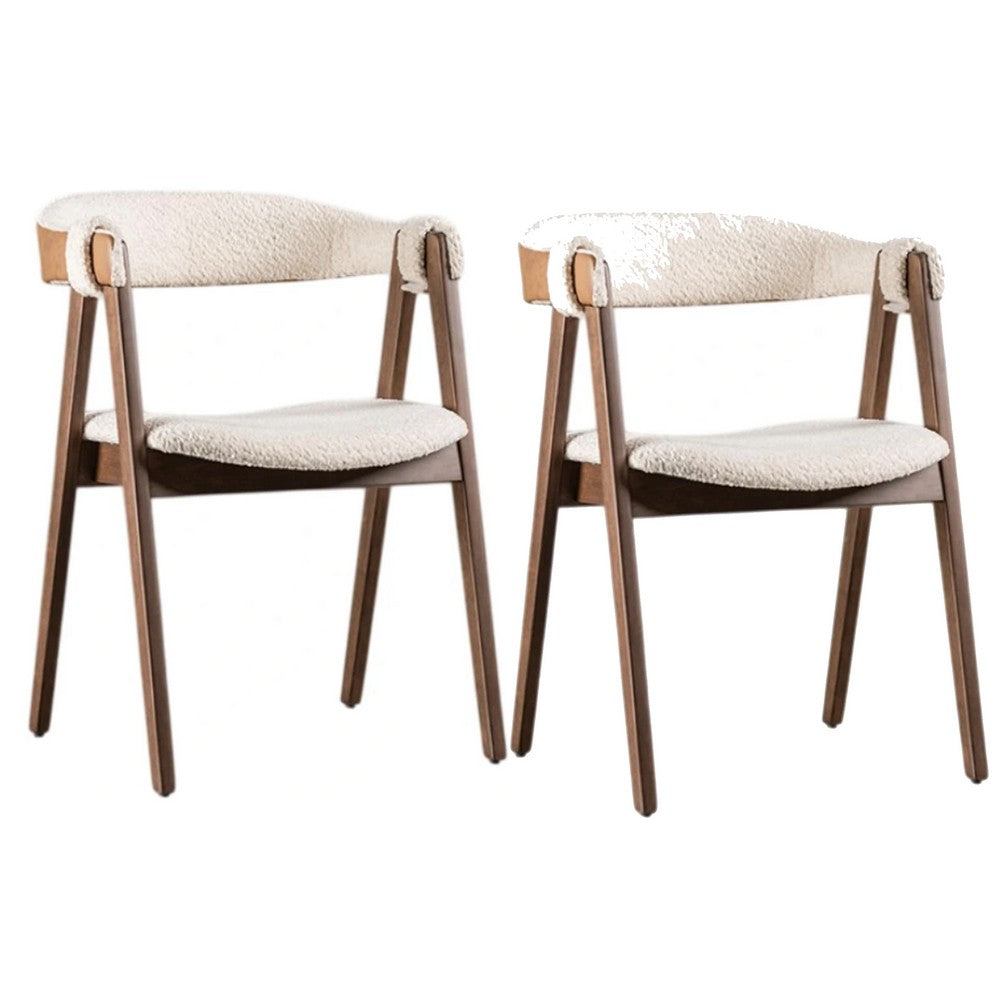 Ebik Side Dining Chair Set of 2, Curve Panel Back, Walnut Brown Wood, Beige Boucle - BM339253