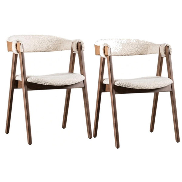 Ebik Side Dining Chair Set of 2, Curve Panel Back, Walnut Brown Wood, Beige Boucle - BM339253