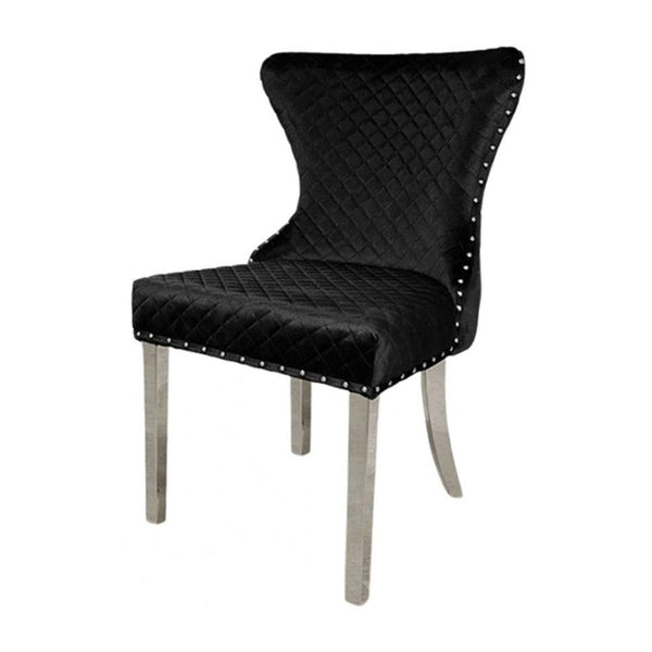 Anova Side Dining Chair Set of 2, Rivet Trim, Silver Stainless Steel, Black Fabric - BM339264