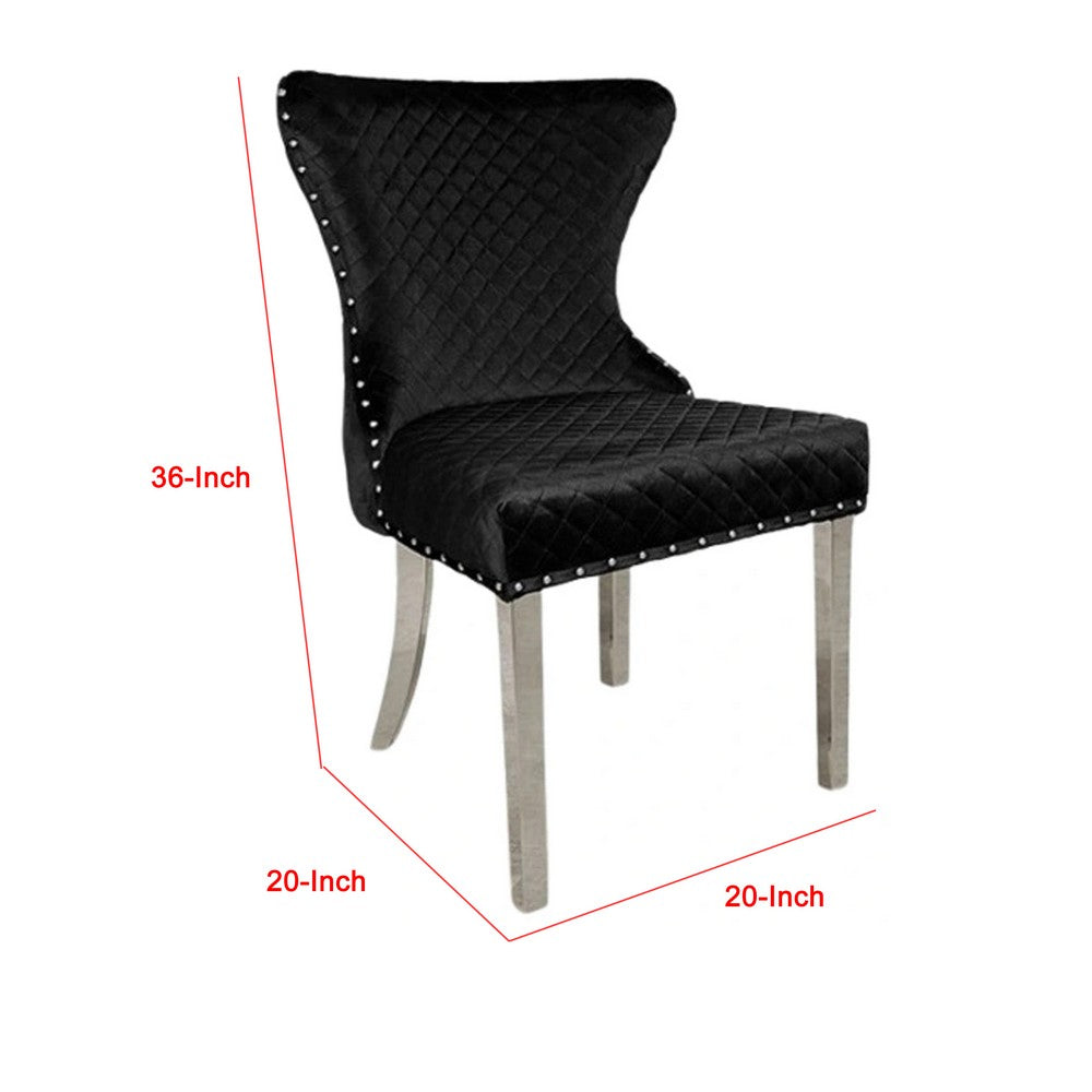 Anova Side Dining Chair Set of 2, Rivet Trim, Silver Stainless Steel, Black Fabric - BM339264