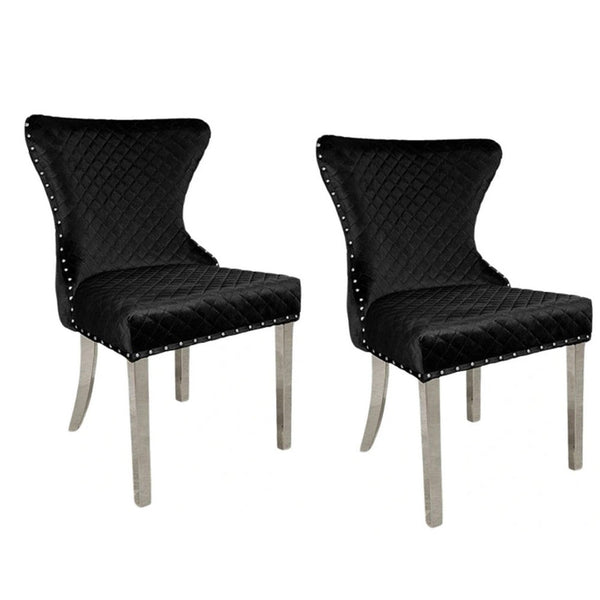 Anova Side Dining Chair Set of 2, Rivet Trim, Silver Stainless Steel, Black Fabric - BM339264