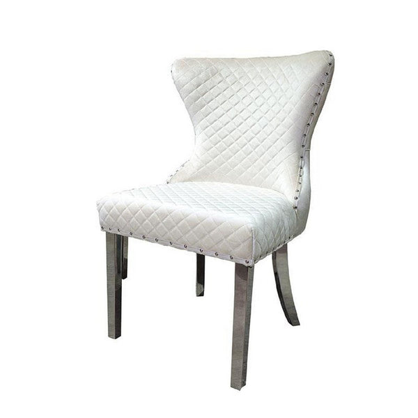 Anova Side Dining Chair Set of 2, Rivet Trim, Silver Stainless Steel, White Fabric - BM339265