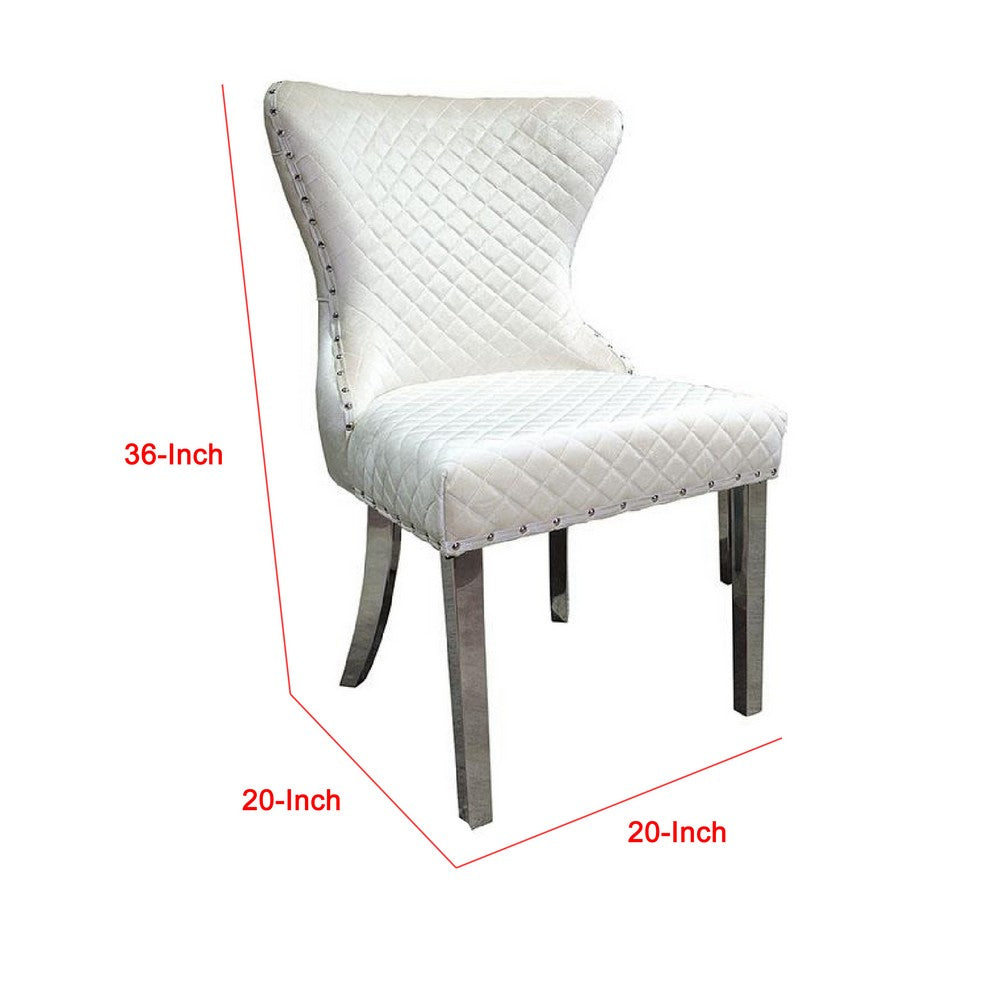 Anova Side Dining Chair Set of 2, Rivet Trim, Silver Stainless Steel, White Fabric - BM339265