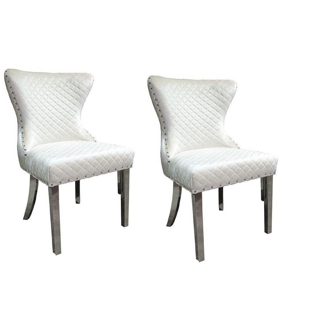 Anova Side Dining Chair Set of 2, Rivet Trim, Silver Stainless Steel, White Fabric - BM339265