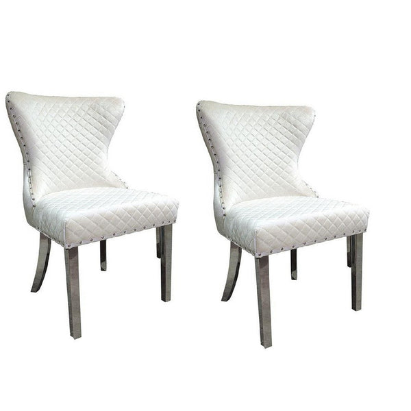 Anova Side Dining Chair Set of 2, Rivet Trim, Silver Stainless Steel, White Fabric - BM339265