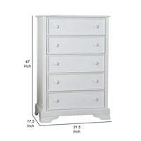 Toli Tall Dresser Chest, 5 Drawers w Round Knobs, White Solid Hardwood - BM339275