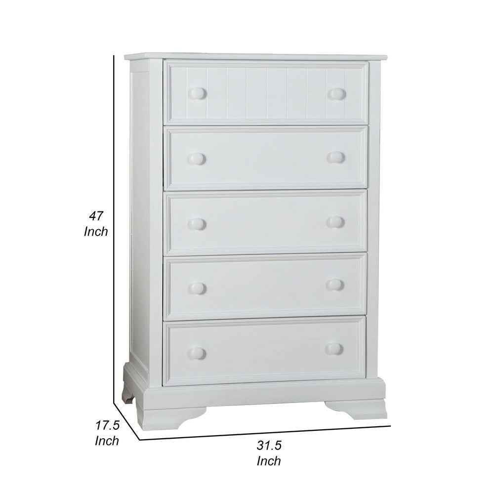 Toli Tall Dresser Chest, 5 Drawers w Round Knobs, White Solid Hardwood - BM339275
