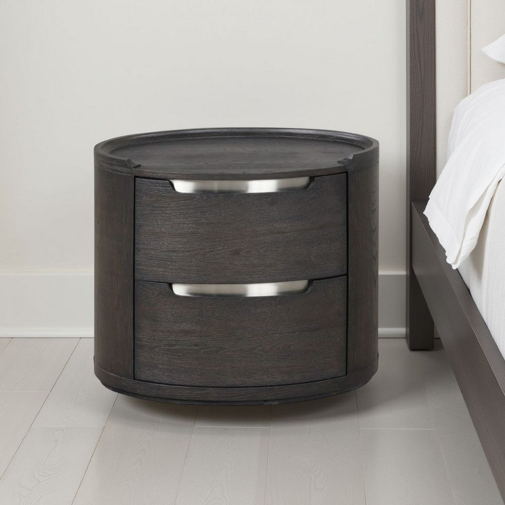 Osko Nightstand, 2 Storage Drawers, Black Poplar Wood, Nickel Trim - BM339293