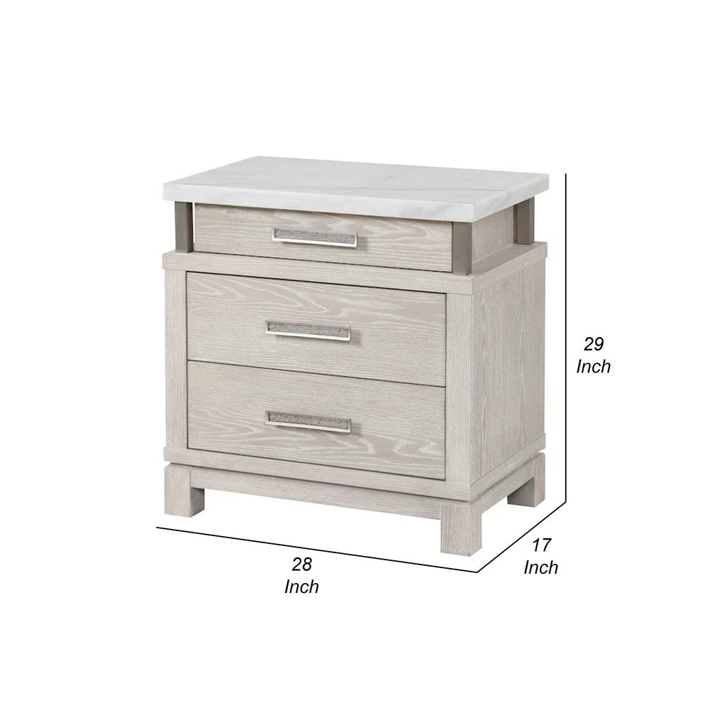 Loji Nightstand, 3 Drawers, White Marble Top, Weathered Gray, 29 Inch - BM339295