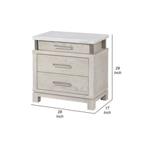 Loji Nightstand, 3 Drawers, White Marble Top, Weathered Gray, 29 Inch - BM339295