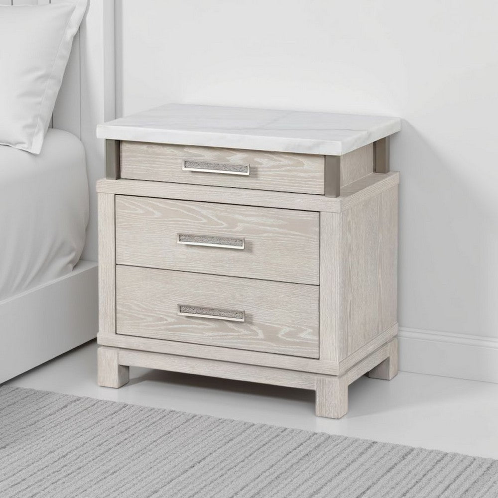 Loji Nightstand, 3 Drawers, White Marble Top, Weathered Gray, 29 Inch - BM339295