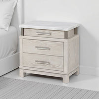Loji Nightstand, 3 Drawers, White Marble Top, Weathered Gray, 29 Inch - BM339295