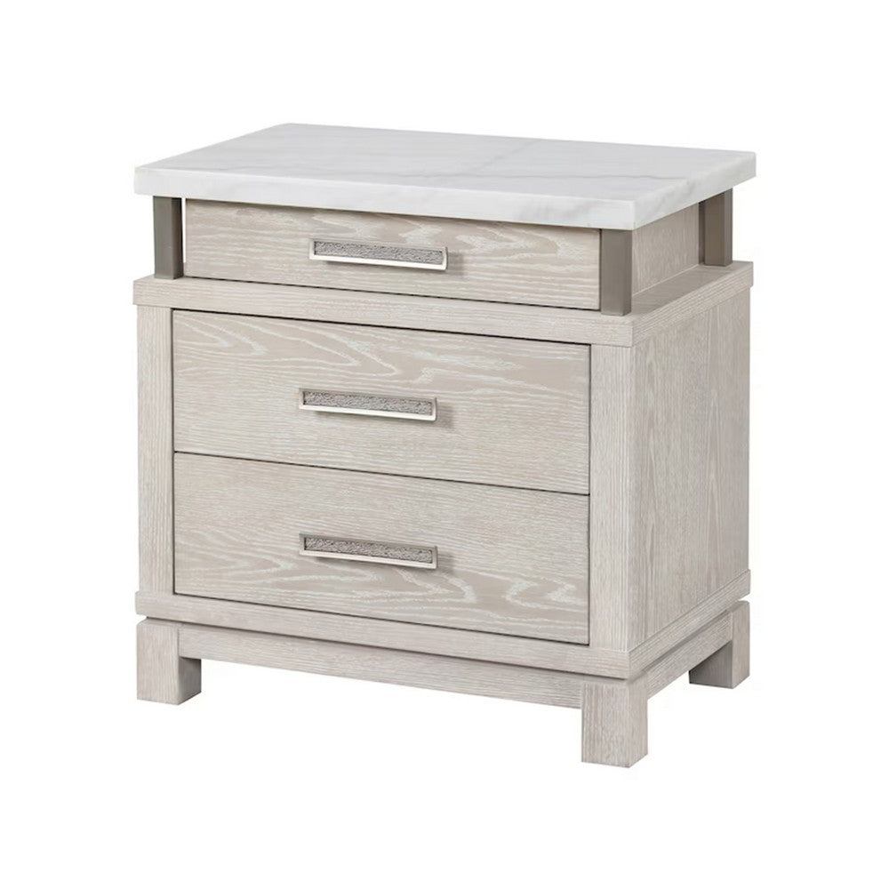 Loji Nightstand, 3 Drawers, White Marble Top, Weathered Gray, 29 Inch - BM339295