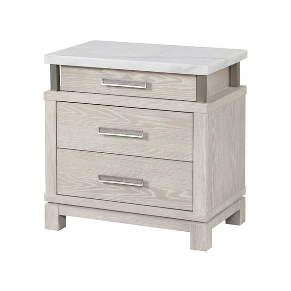 Loji Nightstand, 3 Drawers, White Marble Top, Weathered Gray, 29 Inch - BM339295
