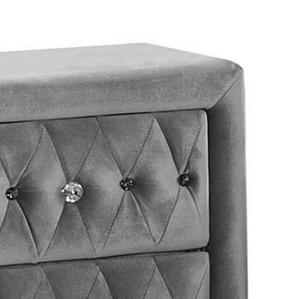Rea Nightstand, 26 Inch, 2 Drawers, Button Tufted Gray Fabric - BM339296