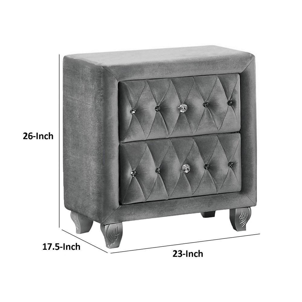 Rea Nightstand, 26 Inch, 2 Drawers, Button Tufted Gray Fabric - BM339296