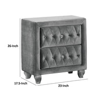Rea Nightstand, 26 Inch, 2 Drawers, Button Tufted Gray Fabric - BM339296