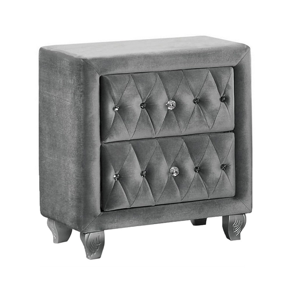Rea Nightstand, 26 Inch, 2 Drawers, Button Tufted Gray Fabric - BM339296