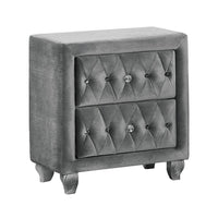 Rea Nightstand, 26 Inch, 2 Drawers, Button Tufted Gray Fabric - BM339296