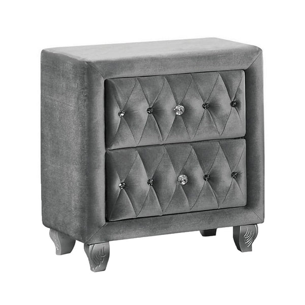 Rea Nightstand, 26 Inch, 2 Drawers, Button Tufted Gray Fabric - BM339296