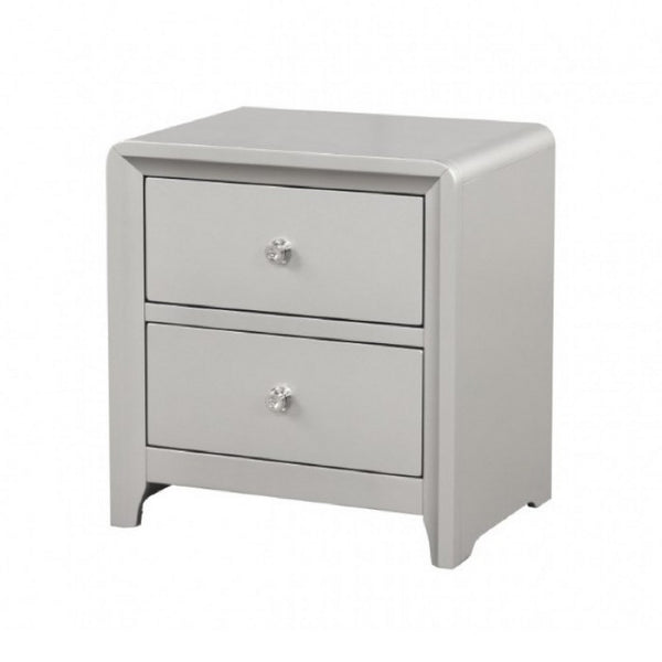 Broy Nightstand, 2 Drawers, Crystal Knobs, Champagne Gray Wood 25 Inch - BM339300