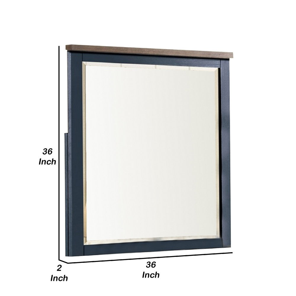Tela 36 Inch Dresser Mirror, Blue Pinewood Frame, Dark Brown Top - BM339303