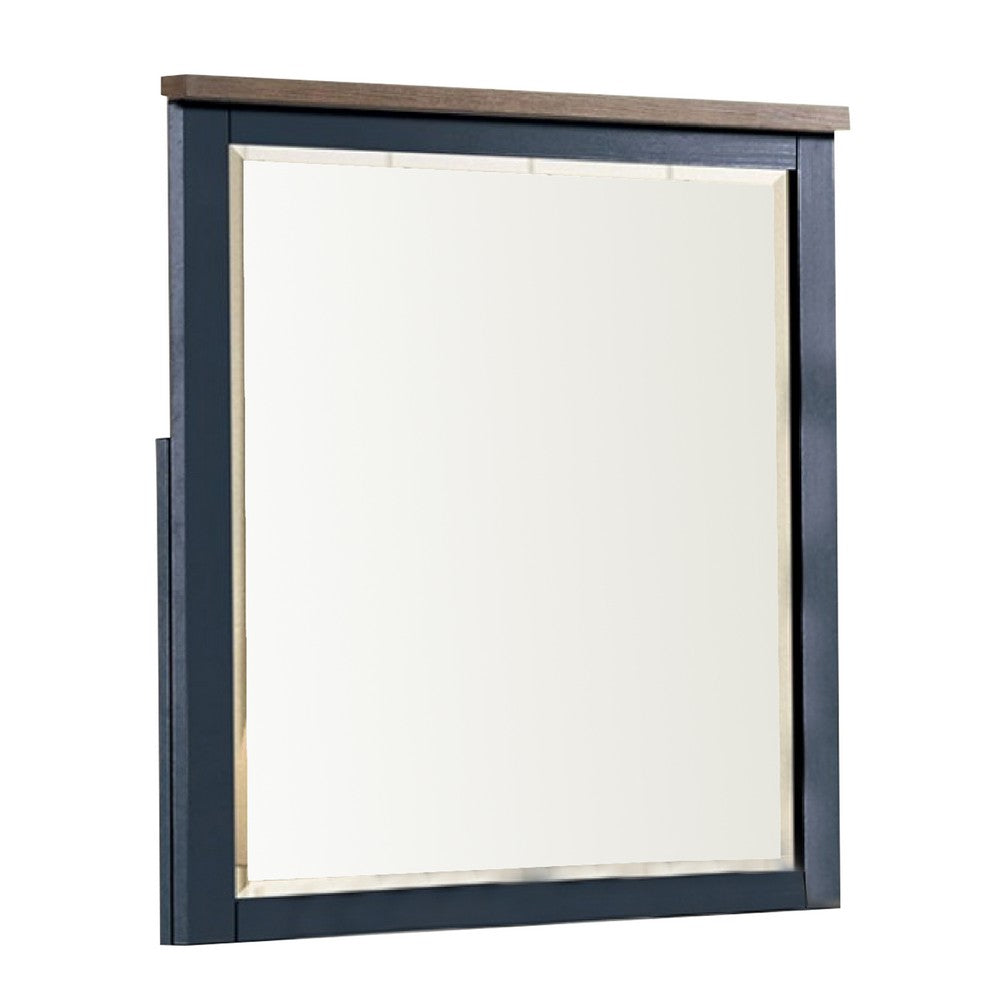 Tela 36 Inch Dresser Mirror, Blue Pinewood Frame, Dark Brown Top - BM339303