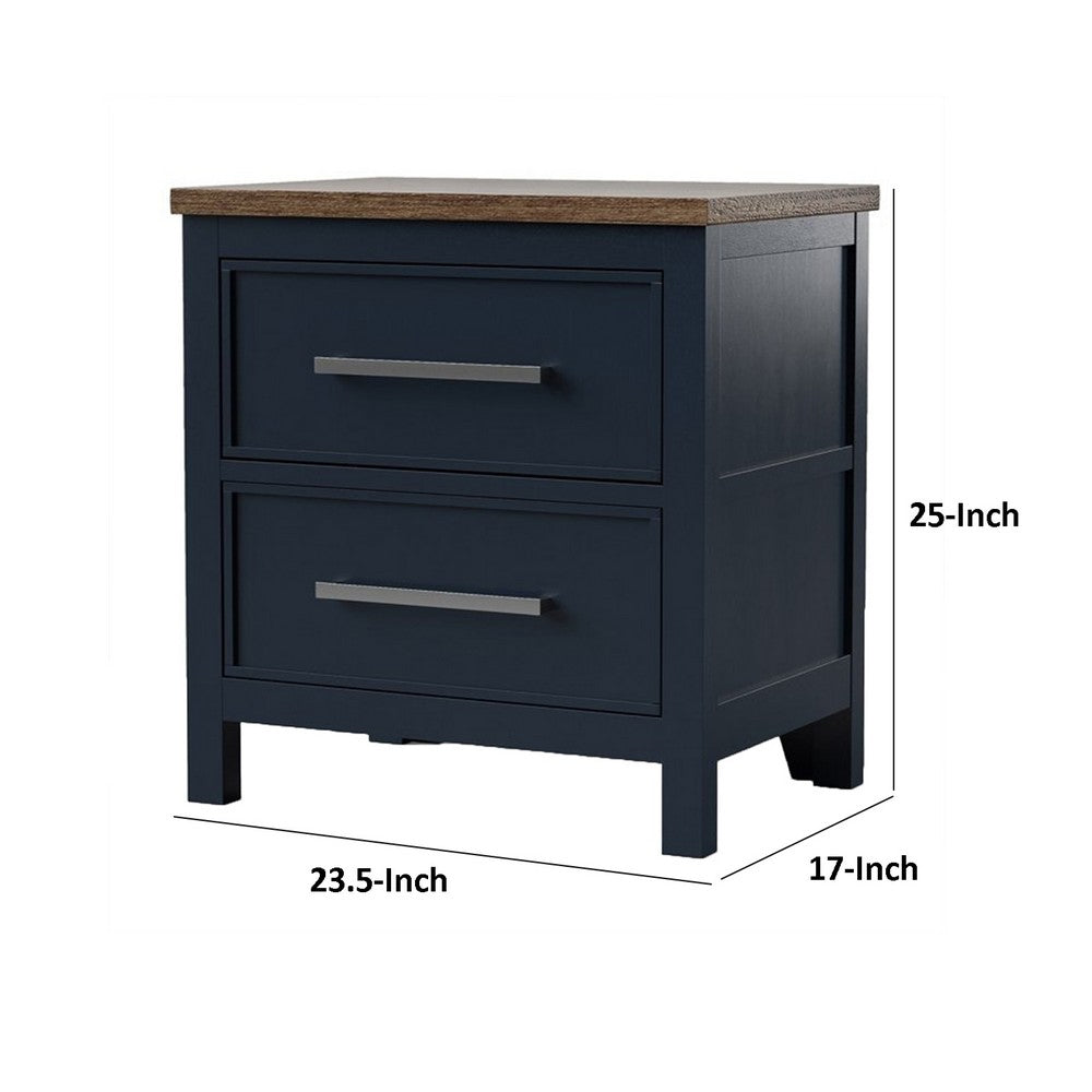 Tela Nightstand, 2 Drawers, Metal Handles, 25 Inch Blue Solid Pinewood - BM339304
