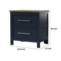 Tela Nightstand, 2 Drawers, Metal Handles, 25 Inch Blue Solid Pinewood - BM339304