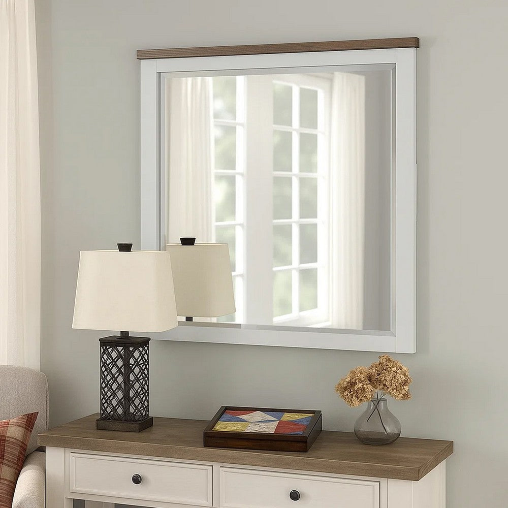 Tela Dresser Mirror, White Pinewood Frame, Dark Brown Top, 36 Inch - BM339306