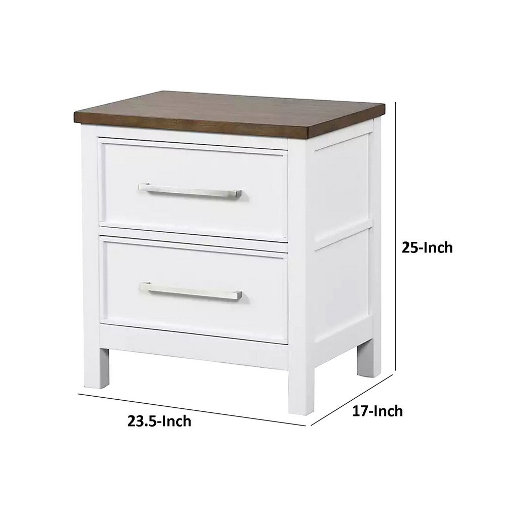 Tela Nightstand, 2 Drawers, Metal Handles, 25 Inch, White Pinewood - BM339307