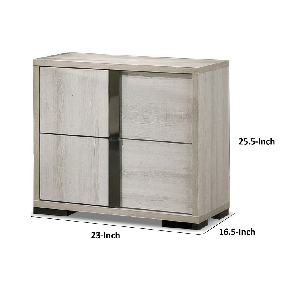 Hyao Nightstand, 26 Inch, 2 Drawers, Chrome Handles, White Wash Veneer - BM339311