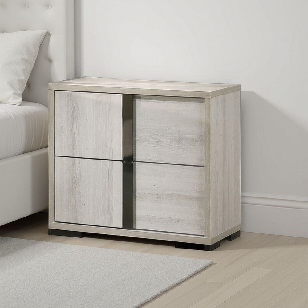 Hyao Nightstand, 26 Inch, 2 Drawers, Chrome Handles, White Wash Veneer - BM339311
