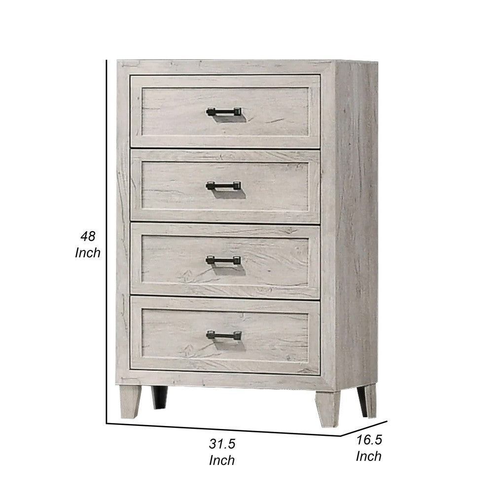 Miot Tall Dresser Chest, 4 Drawers w Metal Handles, White Wash Wood - BM339316