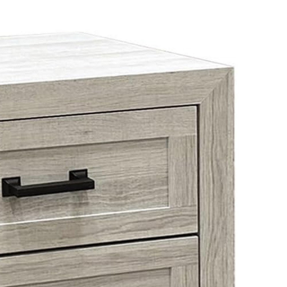 Miot Nightstand, 2 Drawers w Metal Handles, White Wash Wood, 24 Inch - BM339319
