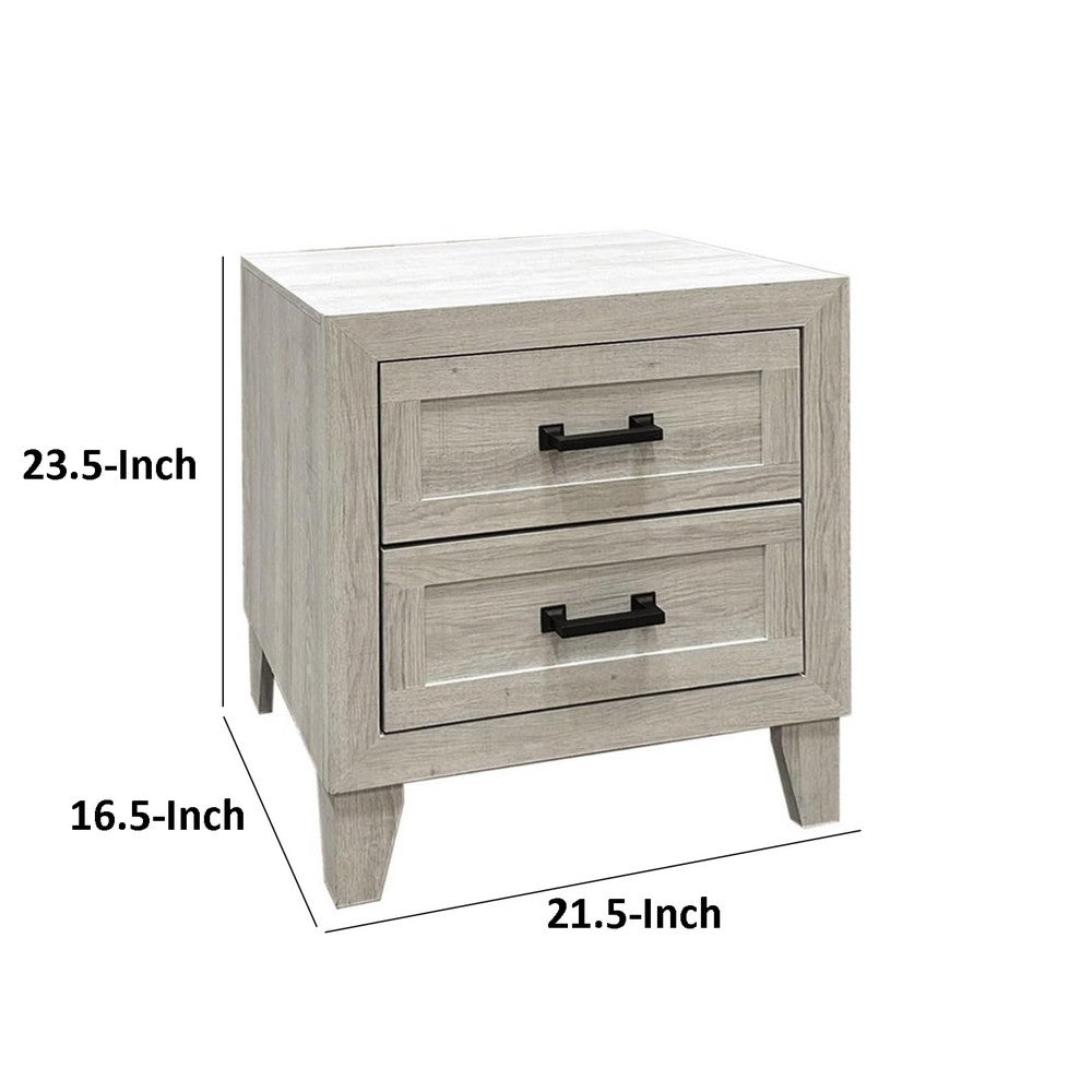 Miot Nightstand, 2 Drawers w Metal Handles, White Wash Wood, 24 Inch - BM339319
