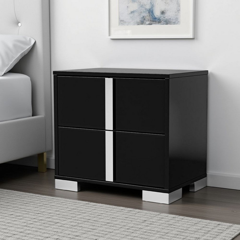 Suni Nightstand, Piano Black Wood with UV Finish, 2 Drawers, 24 Inch - BM339331