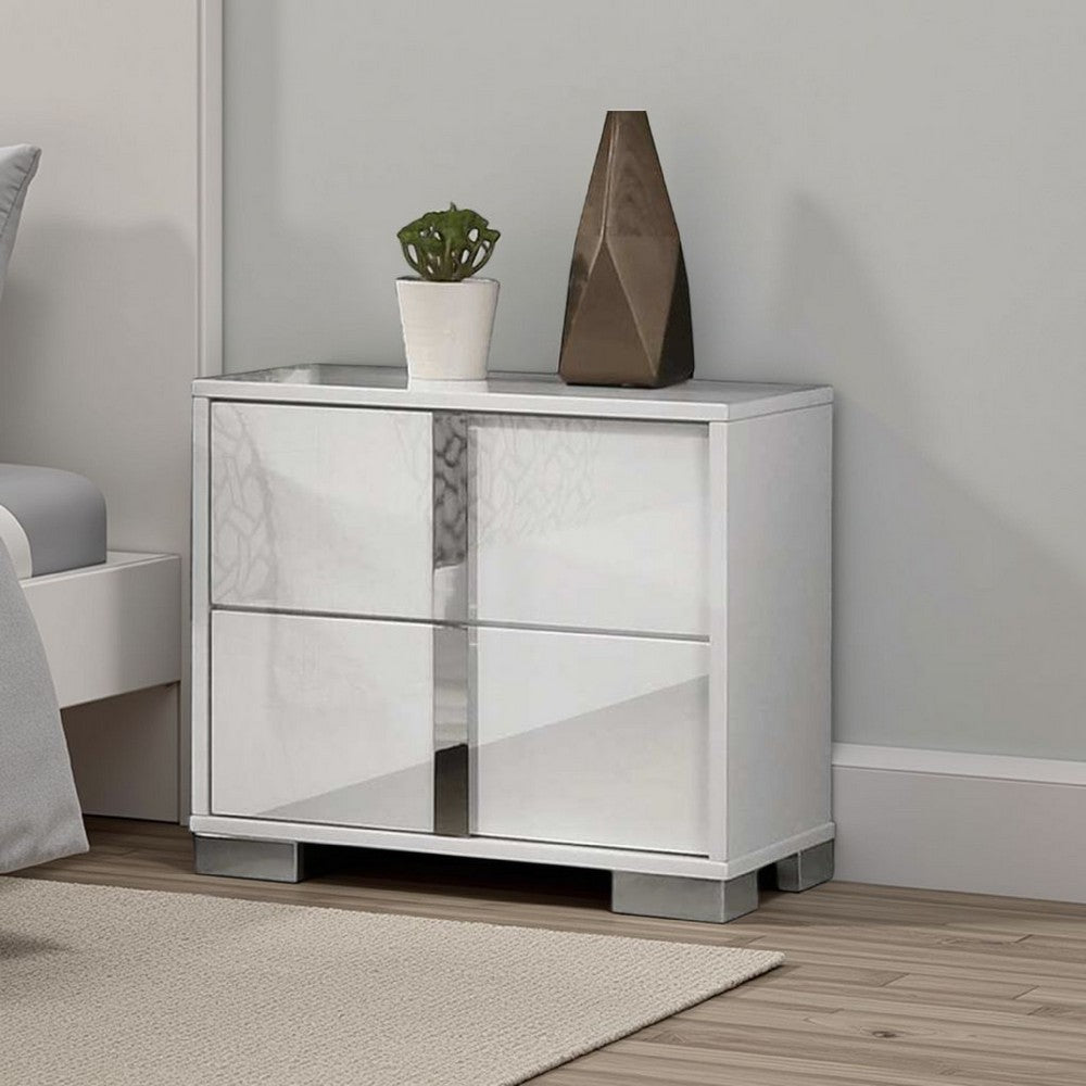 Suni Nightstand, Glossy White Wood with UV Finish, 2 Drawers, 24 Inch - BM339335