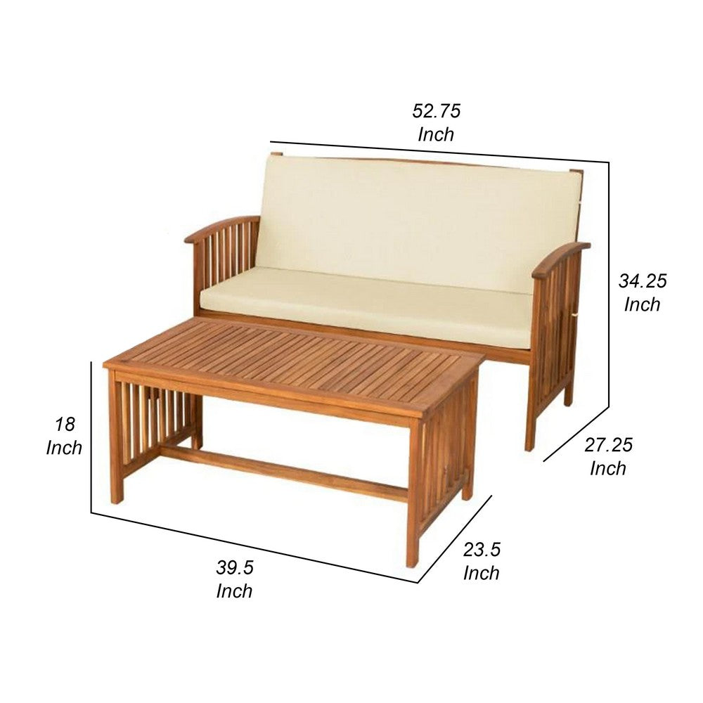 Kaila 2pc Outdoor Table and Loveseat Set, Beige Cushion, Natural Brown - BM339339