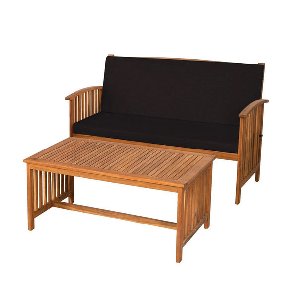 Kaila 2pc Outdoor Table and Loveseat Set, Black Cushion, Natural Brown - BM339340