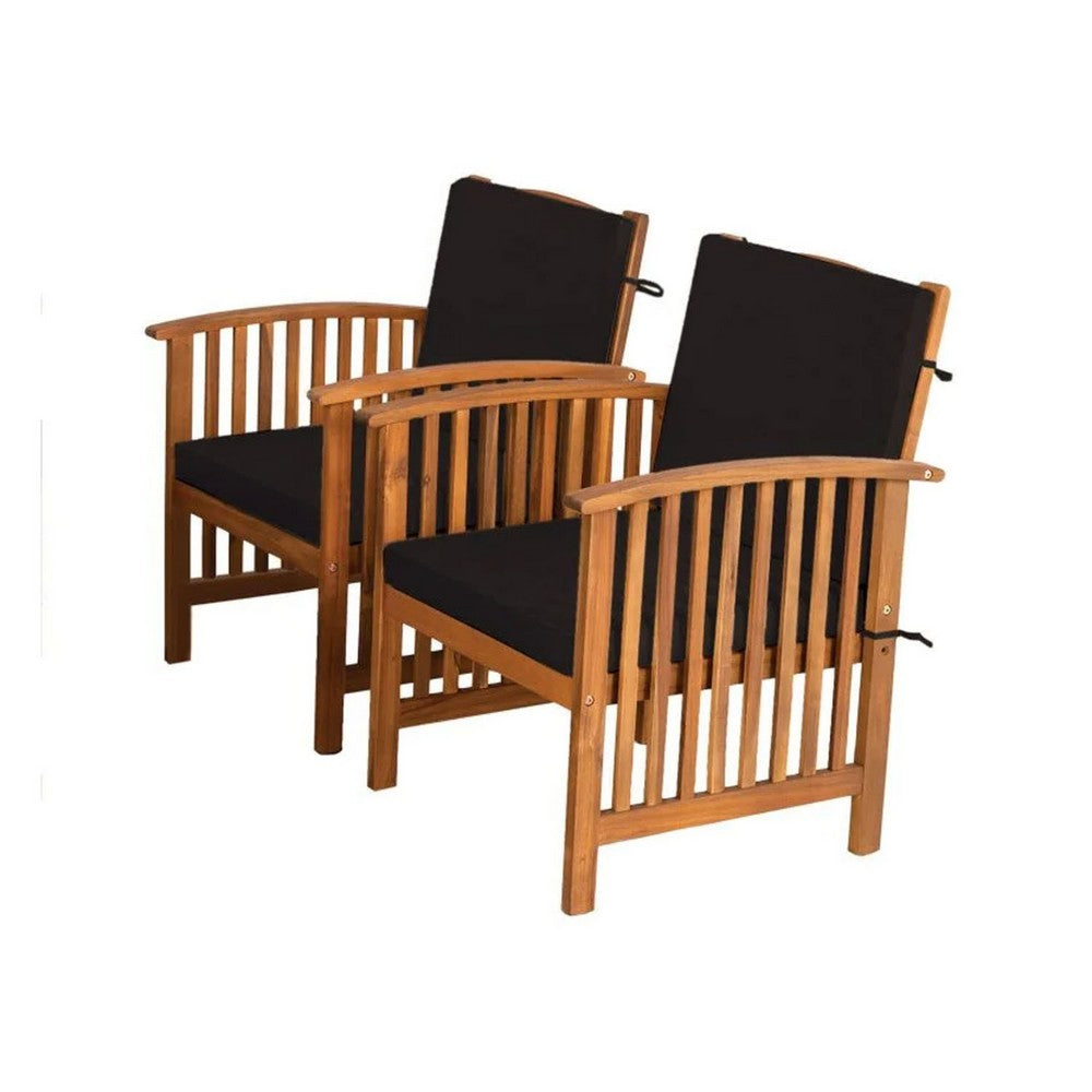 Kaila Outdoor Armchair Set of 2, Black Cushions, Natural Brown Wood - BM339342