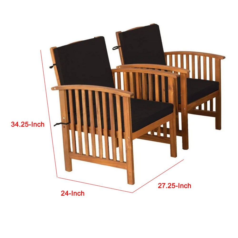 Kaila Outdoor Armchair Set of 2, Black Cushions, Natural Brown Wood - BM339342