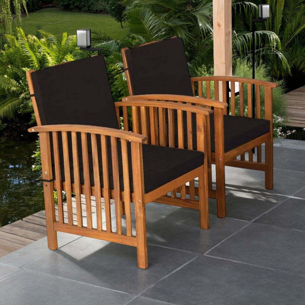 Kaila Outdoor Armchair Set of 2, Black Cushions, Natural Brown Wood - BM339342