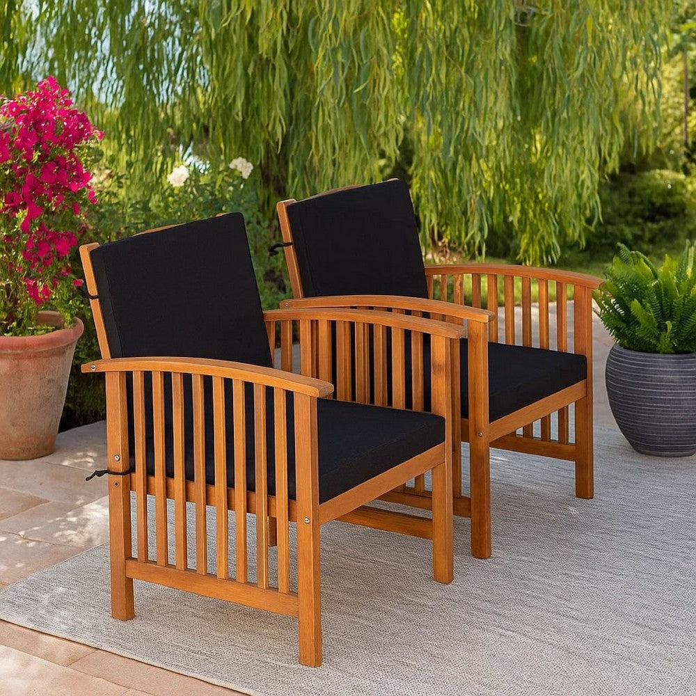 Kaila Outdoor Armchair Set of 2, Black Cushions, Natural Brown Wood - BM339342