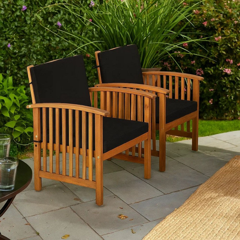 Kaila Outdoor Armchair Set of 2, Black Cushions, Natural Brown Wood - BM339342