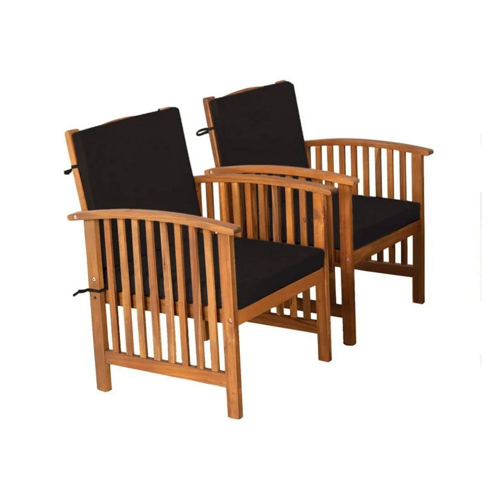 Kaila Outdoor Armchair Set of 2, Black Cushions, Natural Brown Wood - BM339342