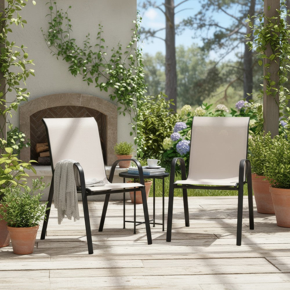 Feli Outdoor Stacking Chair Set of 2, Beige Mesh Fabric, Black Metal - BM339350