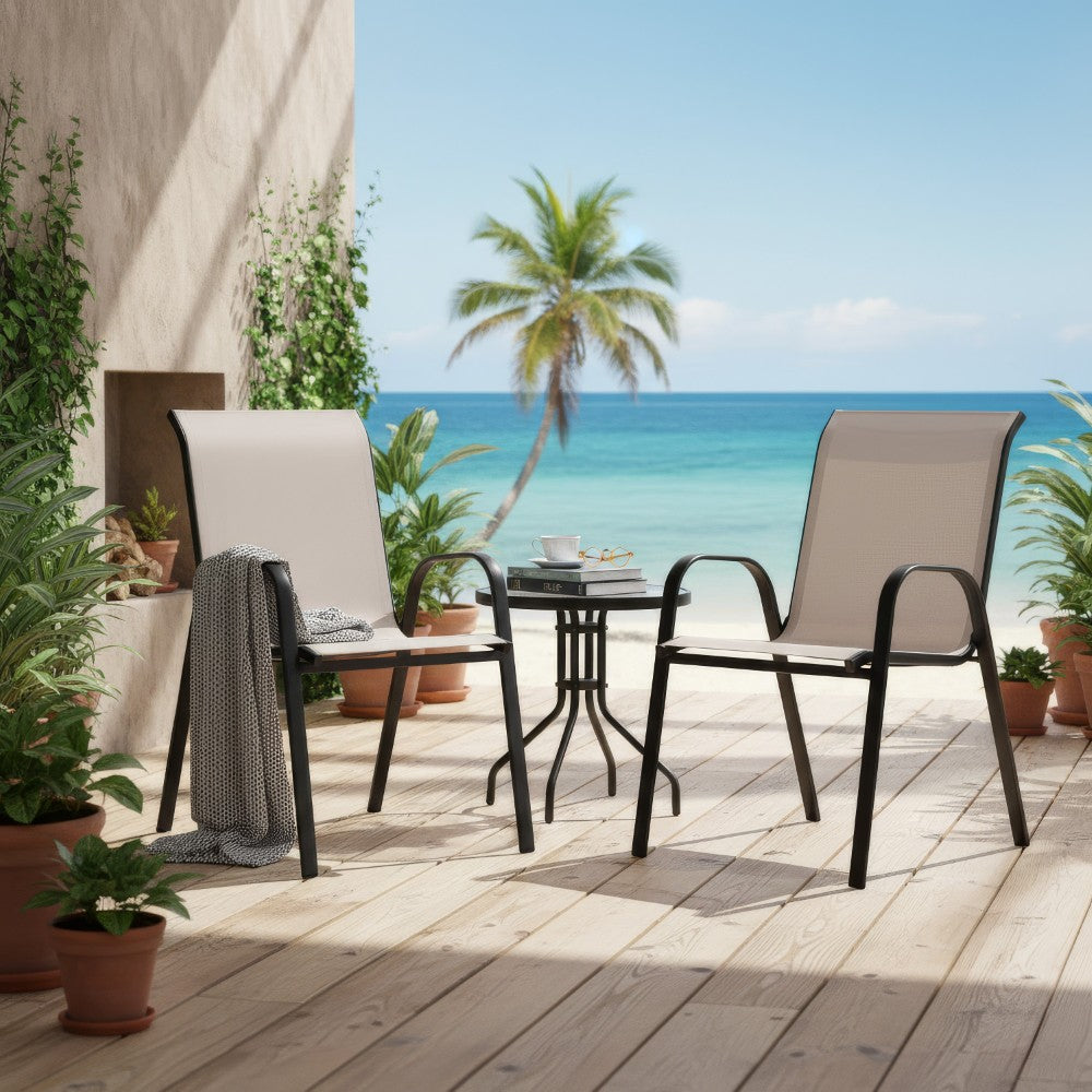 Feli Outdoor Stacking Chair Set of 2, Beige Mesh Fabric, Black Metal - BM339350